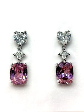 Pink Cushion Cut CZ Heart  Drop Earrings Silver Earrings